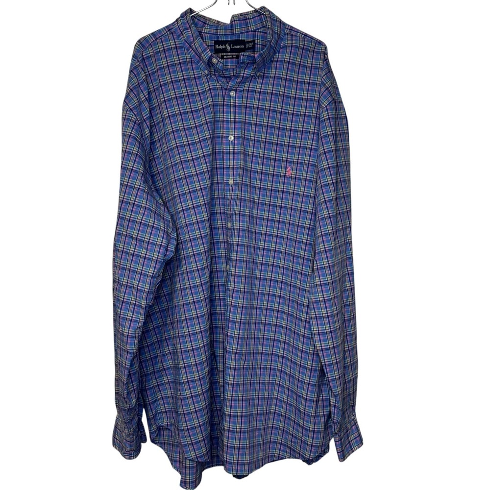 Ralph Lauren Mens Shirt Classic Fit Button Down Long Sleeve Plaid Blue Pink 2XLT